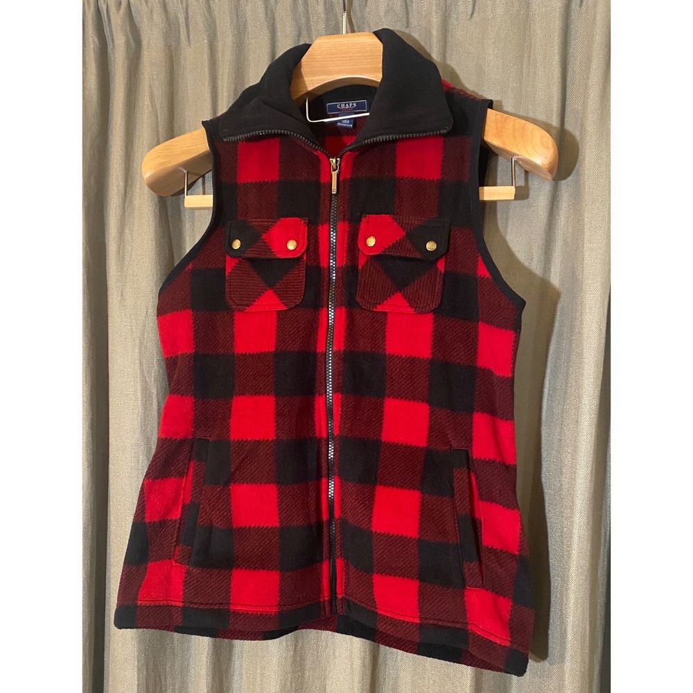 NWOT Chaps Women Red Black Buffalo Plaid Fleece Zip Vest‎ Size Medium